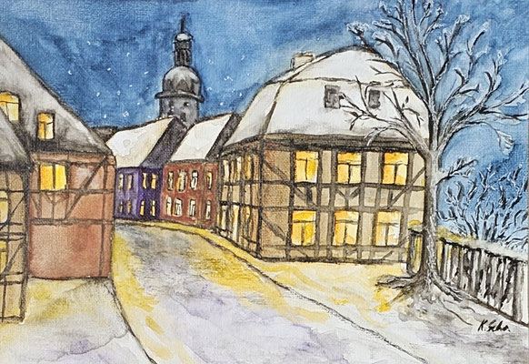 B000130 Winterhäuser 2021, 27 x 19 cm, Aquarell auf Maltuch, 138 €