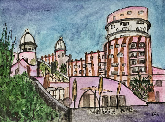 B000270 Hundertwasserhaus Magdeburg 2023, 32 x 24 cm, Aquarell auf Papier, 168 €