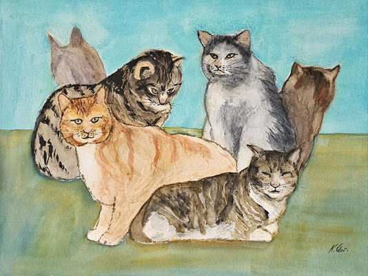 B000220 Katzen-Collage 2024, 40 x 30 cm, Aquarell auf Papier, 210 €