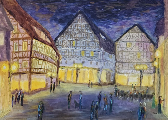 B000267 Stadt bei Nacht 2023, 70 x 50 cm, Ölgemälde auf Malplatte, 450 €