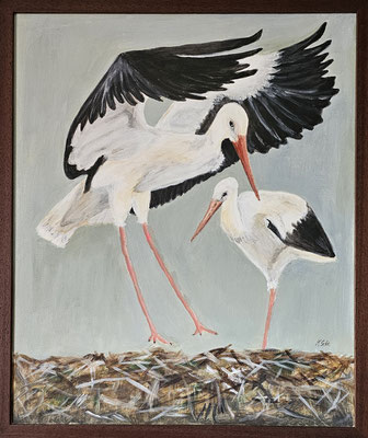 B0000131 Storchenlandung 2021, 50 x 60 cm, Acryl auf Leinwand gerahmt, 330 €
