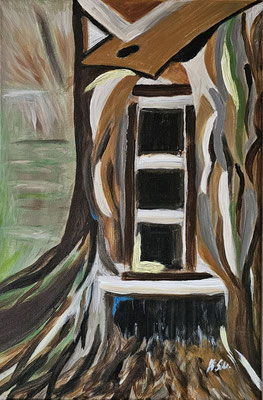B000146 Abstraktion "Am hohlen Baum", 40 x 60 cm, Acryl auf Leinwand, 300 €