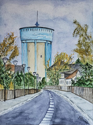 B000169 Wasserturm Gröditz 2023, 30 x 40 cm, Aquarell auf Papier, 210 €