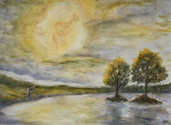 B000254 Morgenmelodie 2022, bearbeitet 2025, 46 x 34 cm, Öl über Aquarell auf Papier, 240 €
