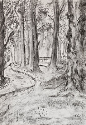B000249 Schlosspark mit Brücke Jahnishausen 2021, 29,7 x 42 cm, Kohle auf Papier, 64 €