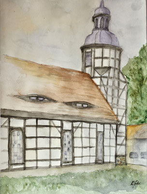 B000306 Fachwerkkirche Gut Saathain 2024, 30 x 40 cm, Aquarell auf Papier, 210 €