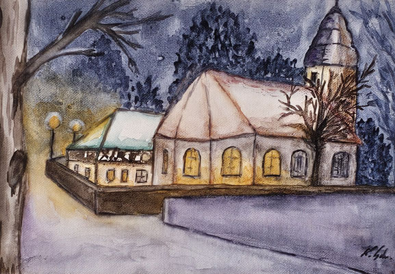 B000320 Winterliche Kirche 2024, 26 x 18 cm, Aquarell auf Maltuch, 132 €