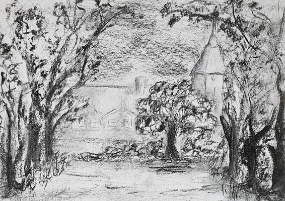 B000290 Blick auf Jahnishausen 2024, 42 x 29,5 cm, Kohle auf Papier, 64 €