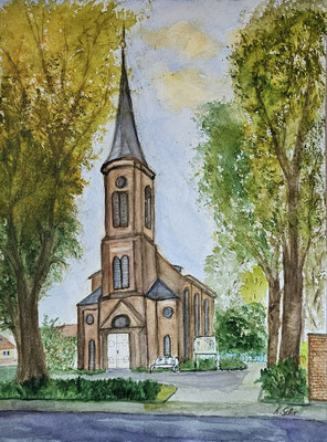 B000170 Evangelische Kirche Gröditz 2023, 30 x 40 cm, Aquarell auf Papier, 210 €