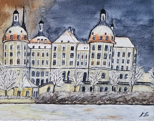 B000189 Schloss Moritzburg im Winter 2019, 28 x 21,7 cm, Aquarell auf Maltuch, 89 €
