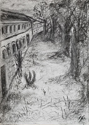 B000295 Gut Jahnishausen Vogelperspektive, 29,5 x 42 cm, Kohle auf Papier, 64 €