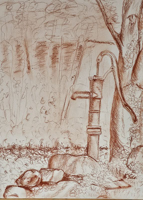 B000304 Pumpe im Gut Saathain, 30 x 40 cm, Sanguine-Stift auf Papier, 63 €