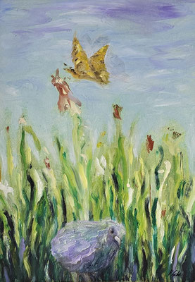 B000258 Sommerwiese abstrakt 2023, 30,5 x 43 cm, Ölgemälde auf Papier, 275 €
