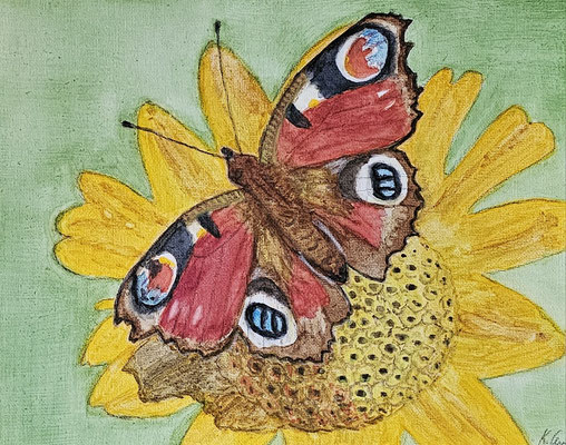 B000047 Pfauenauge auf Sonnenauge 2019, 27 x 22 cm, Aquarell auf Maltuch, 88 €