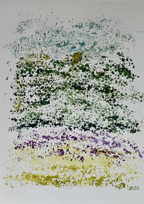 B000309 Lavendelblüte 2024, 30 x 40 cm, Aquarell auf Papier, Monotypie mit Platanenrinde experimentell, 78 €