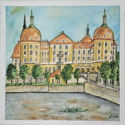 B000196 Schloss Moritzburg im Sommer 2020, 30 x 30 cm, Aquarell auf Leinwand, unverkäuflich