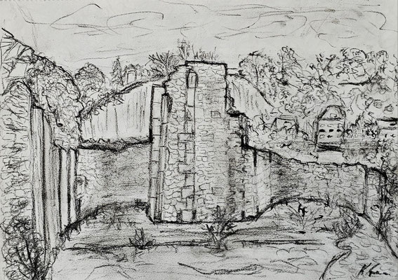 B000212 Außenmauer Klosterruine Meißen 2020, 32 x 24 cm, Kohle auf Papier, 30 €