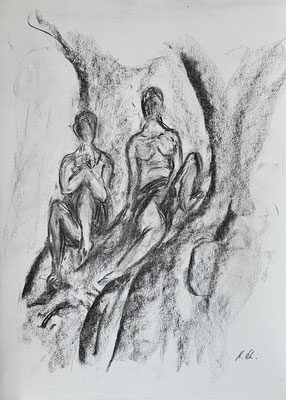 B000234 Akt und Porträt im Gingko 2023, 30 x 42 cm, Kohle auf Papier, 64 €