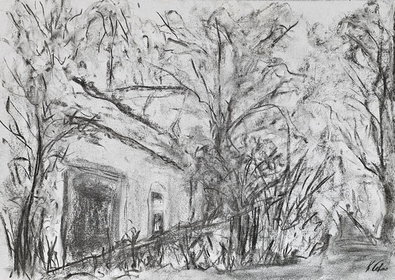 B000233 Im Gut Jahnishausen 2023, 42 x 29,5 cm, Kohle auf Papier, 64 €