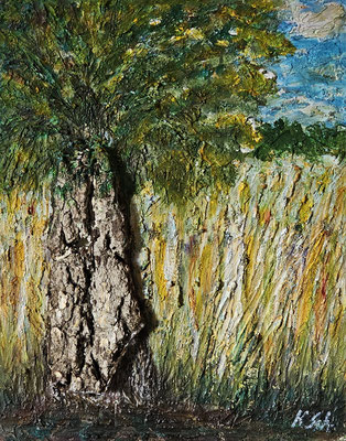 B000300 Gehölz 2024, 24 x 30 cm, Acryl strukturiert und eingearbeitete Baumrinde auf Malpappe, 162 €