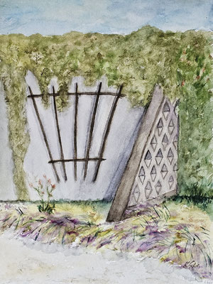 B000308 Im Rosengarten Gut Saathain 2024, 30 x 40 cm, Aquarell auf Papier, 210 €