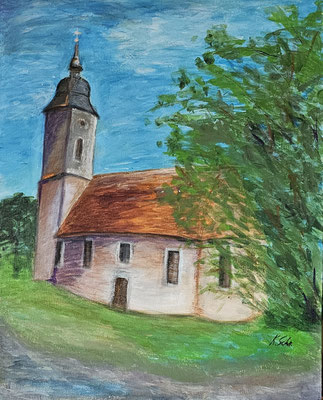 B000298 Kirche Jahnishausen 2024, 50 x 60 cm, Acryl auf Malpappe, 330 €