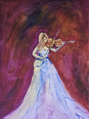 B000139 Die Geigerin 2022, 30 x 40 cm, Aquarell auf Papier, 210 €