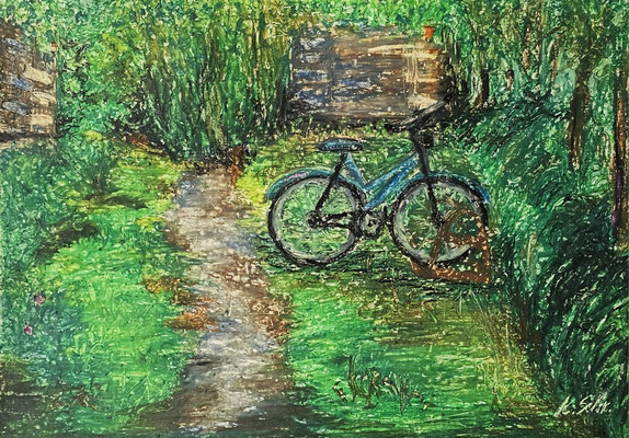 B000224 Die Rast 2023, 29,5 x 20,8 cm, Ölpastell auf Papier, 150 €