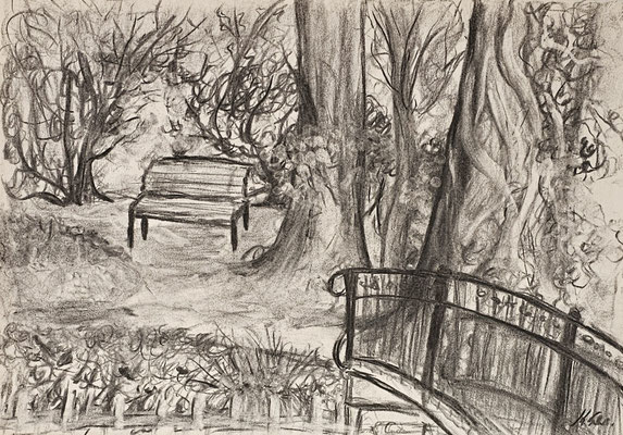 B000149 Ruhe im Schlosspark Jahnishausen 2022, 42 x 29,7 cm, Kohle auf Papier, 64 €