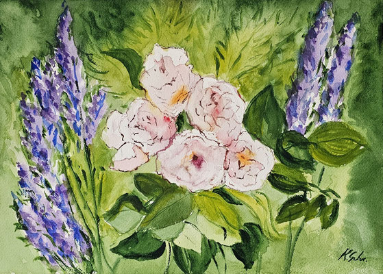 B000222 Rosen und Ehrenpreis 2023, 40 x 30 cm, Aquarell auf Papier, 210 €