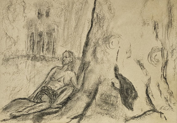 B000237 Akt im Schlosspark Jahnishausen 2023, 42 x 29,5 cm, Kohle auf Papier, 64 €