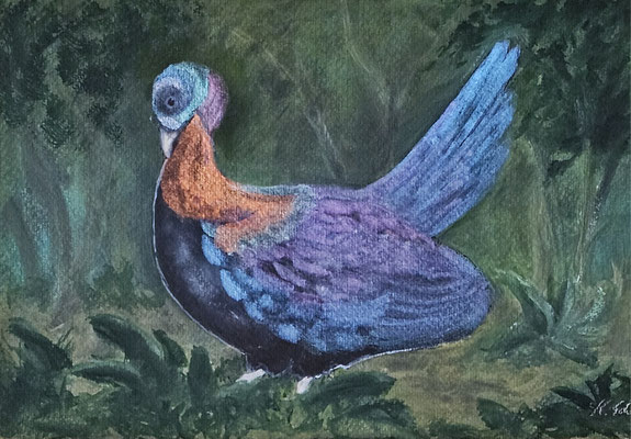 B000218 Grünschwanz-Glanzfasan 2023, 29,5 x 20,7 cm, Aquarell mit Metallic-Farben auf schwarzem Papier, 150 €
