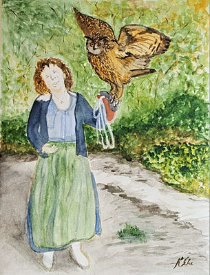 B000102 Die Falknerin 2020, 24 x 32 cm, Aquarell auf Papier, 112 €