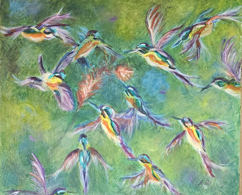 B000150 Schwirrflug 2022, 60 x 50 cm, Ölgemälde auf Malplatte, 412 €