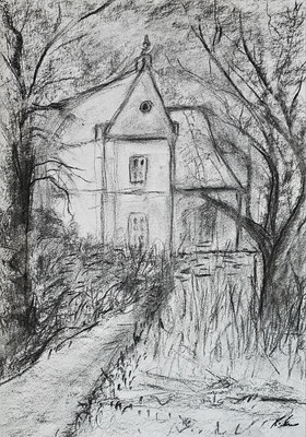 B000294 Blick auf Schloss Jahnishausen 2024, 29,5 x 42 cm, Kohle auf Papier, 64 €