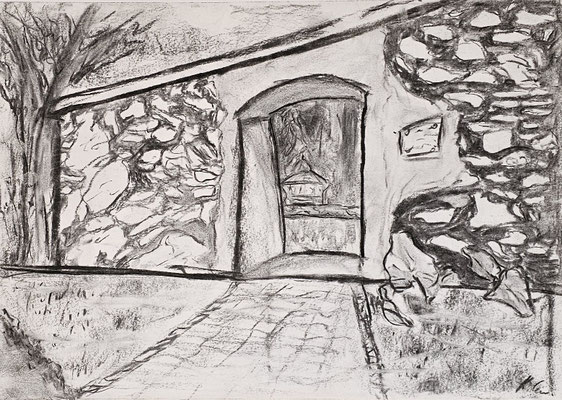 B000196 Parkmauer Jahnishausen 2020, 42 x 29,7 cm, Kohle auf Papier, 43 €