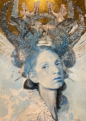 "The false symmetries of the dreamer" 100cm x 70cm ink and gold leaf on cardboard- 2023