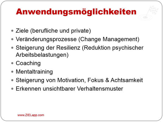 Awendungsmöglichkeiten: berufliche und private Ziele, für Veränderungsprozesse, für die Reduktion psychischer Belastungen, uvm.