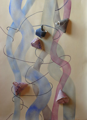 Rosa tuben med onigiri, akvarell+collage, 70x50cm