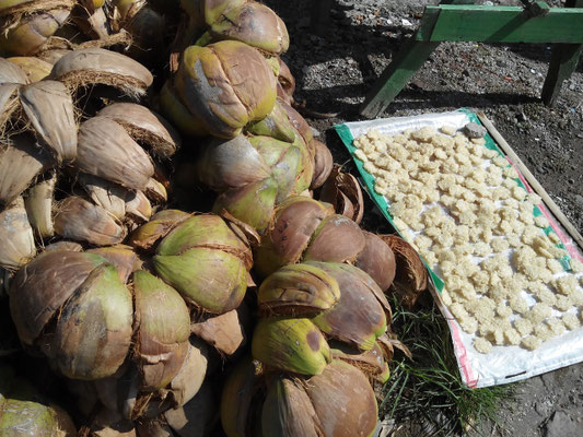 bourre de coco et préparation à base de riz en train de sécher au soleil sur le pas d'une porte