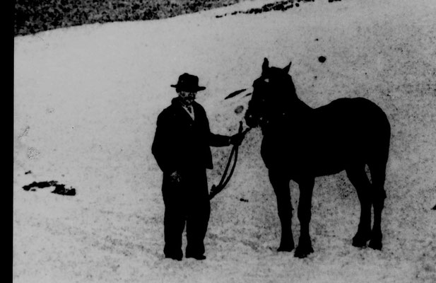 Photos anciennes de Sainte-Eulalie et du Plateau Ardéchois. Photo hivernale typique d'un paysan et de son cheval.