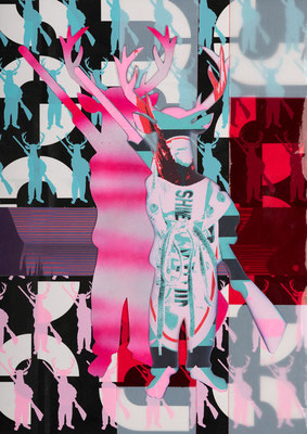 MOOSELER, 2024, Collage, Siebdruck auf Einkaufstüten, Kunststoff auf Papier, 42 x 29,7 cm
