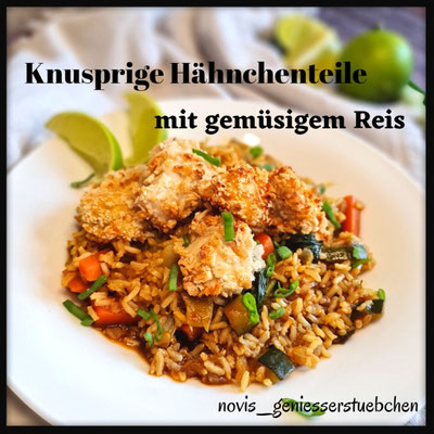 Knusprige Hähnchenteile mit gemüsigem Reis