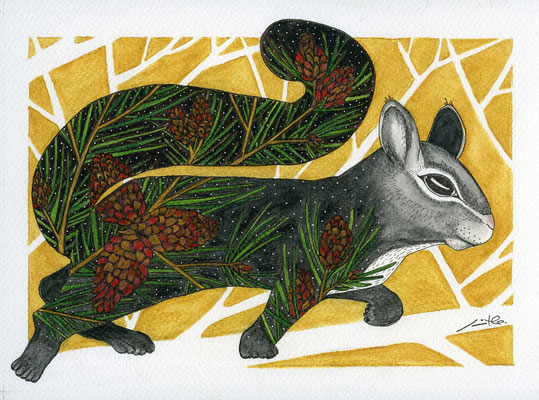 L'écureuil et le pin. Carte de Noël pour La Mosaïque, 2021