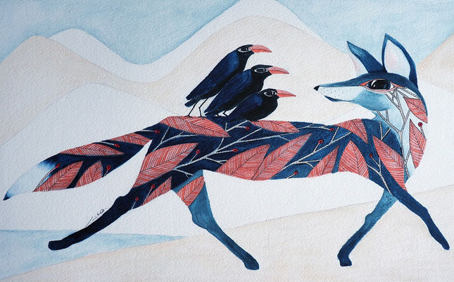 Le renard et les trois corbeaux : Aquarelle et encre. Jacinthe Lachance, 2019