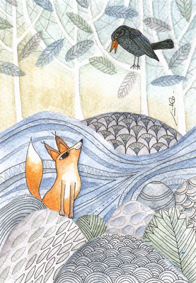 Le renard ami du corbeau : Aquarelle et encres. Jacinthe Lachance pour La Mosaïque, 2018