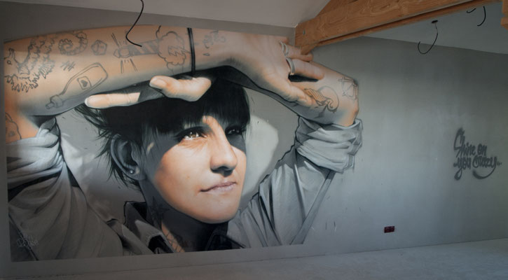 GOOD MORNING! - Jean Rooble - Spraypaint on wall - 2,50 x 6 m - Gîtes de Larros, Gujan-Mestras (2020)