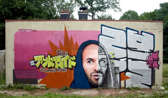 Mr Landry & Dr Nar - JEAN ROOBLE - Spraypaint on wall (4 x 11 m) - Festival Label Valette - Pressigny-Les-Pins (2018)