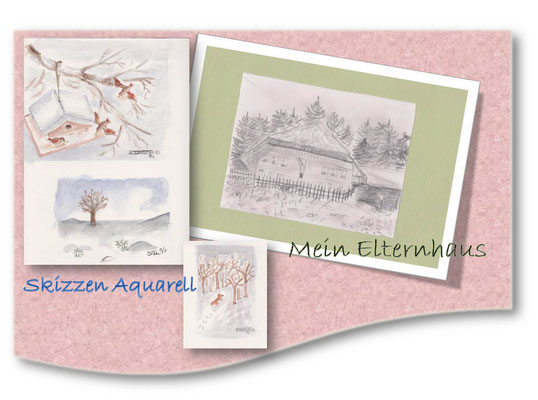 Skizzen von Tieren und Landschaften Aquarell und Bleistift