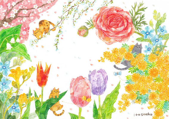 「たくさんの春の花とネコたち」B5/水彩ほか